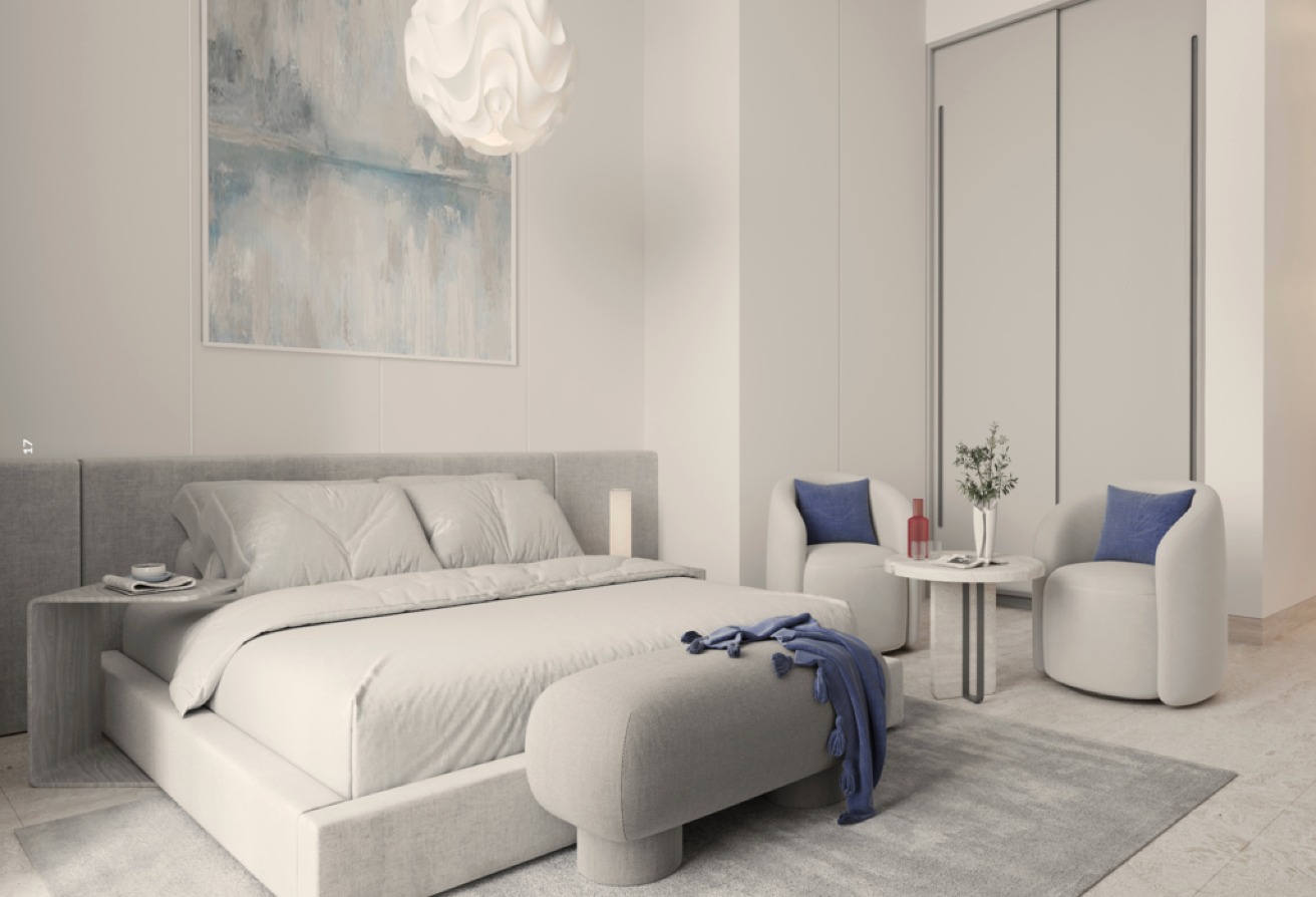 The layout features a spacious living room with an open kitchen and breakfast counter