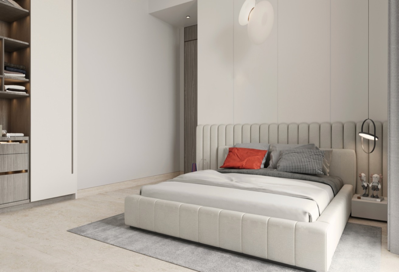 opening to a private balcony overlooking the Marina. The bedroom includes built-in wardrobes